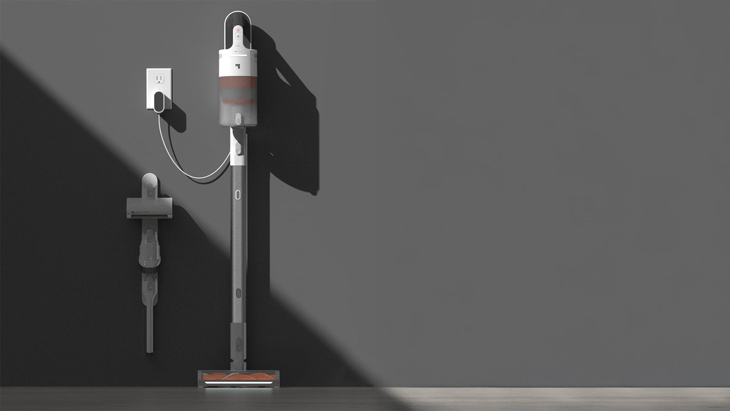 Lightweight Handheld Vacuum With Crevice Tool & Storage Dock upright on a gray background with dramatic lighting